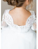 Three Quarter Sleeves Ivory Lace Tulle Sheer Back Flower Girl Dress